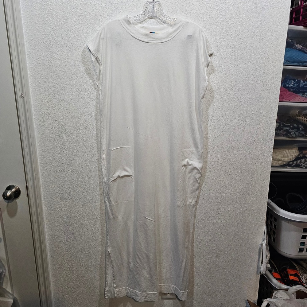 Free People Beach White Cotton Jersey Maxi Dress Pockets Cap Sleeve Size Medium